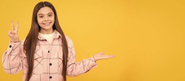 Mutlu kız pembe kareli gömlek giyer ürün sunar, fotokopi alanı oluşturur, promosyon yapar. Çocuk yüzü, yatay poster, izole edilmiş genç kız portresi, fotokopi alanı olan pankart