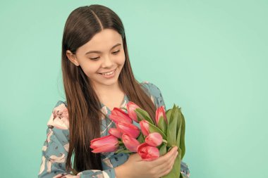 Sevinçli çocuk 8 Mart 'ta çiçek tutar. Mavi arka planda bahar buketi olan genç kız. Çiçek hediyesi. Laleli çocuk. Anneler ya da kadınlar günü.