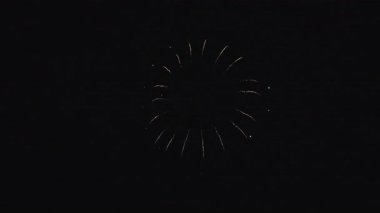 Gece gökyüzünde havai fişek gösterisi havai fişekleri. Noel 'i havai fişeklerle kutluyoruz. Havai fişekler yıldönümünü kutluyor. 4 Temmuz kutlamaları. Havai fişek tatili. Tatil kutlamalarında havai fişekler, 4K görüntü..