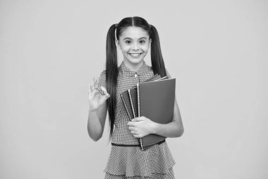 Okula dönelim. Kitabı öğrenmeye hazır ergen bir kız öğrenci. İzole edilmiş sarı stüdyo geçmişi olan liseli kızlar. Mutlu ergen, pozitif ve gülümseyen genç kız duyguları