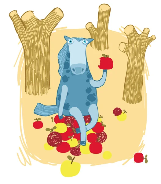 Άλογο που κάθεται στο σωρό μήλα στον κήπο φθινόπωρο — Διανυσματικό Αρχείο