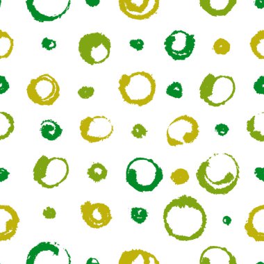 Kalabalık Yeşil Mürekkep Çemberleri ve Çizim Kağıdındaki Noktalar. Siyah el yazması elementlerle süslenmiş kusursuz bir süs. Beyaz arka planda izole edilmiş. Swatch Panelinde düzenlenebilir bir doku var.