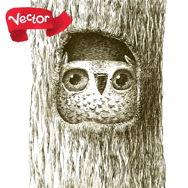 Lindo bebé búho sentado en un árbol hueco — Vector de stock