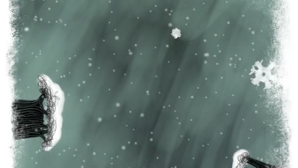 Анимированный ночной снежный арт-фон со снеговиком и деревьями — стоковое видео