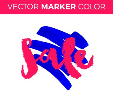 Vektör el yazısı hat yazıt mavi grunge sulu boya leke arka plan - Satılık. Beyaz arka plan üzerinde izole. Satış harflerle işaret.