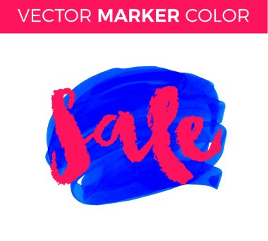 Vektör el yazısı hat yazıt mavi grunge sulu boya leke arka plan - Satılık. Beyaz arka plan üzerinde izole. Satış harflerle işaret.