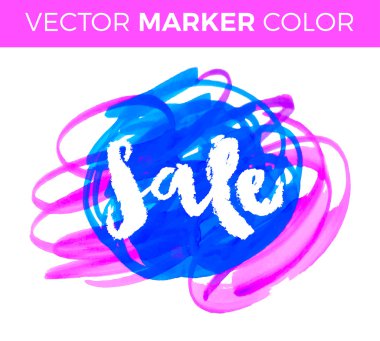 Vektör el yazısı hat yazıt mavi grunge sulu boya leke arka plan - Satılık. Beyaz arka plan üzerinde izole. Satış harflerle işaret.