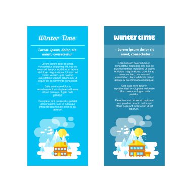 Düz kış manzaraları seti. Kayak merkezi ve dağlarda küçük bir ev. Düz tarzı: dağlarda kış zamanı. İş için afiş seti.