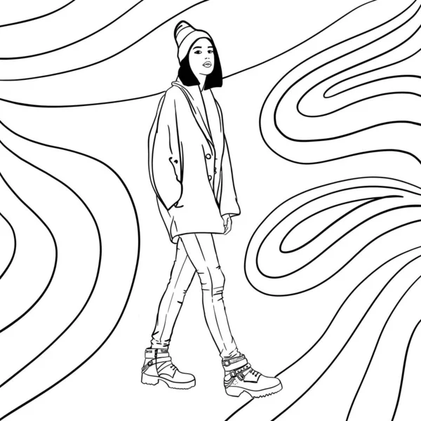 Ilustracja Dziewczyny Odzieży Zimowej Sylwetka Kolorowania — Zdjęcie stockowe