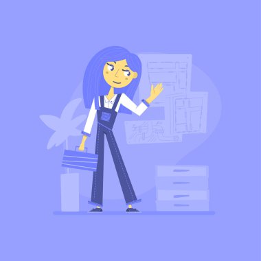 Genç inşaatçı kız. Vektör illüstrasyonu.