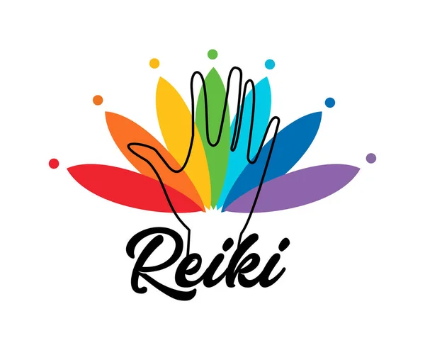 A curar Reiki Energi. Logotipo. Prática espiritual. As cores dos chakras na mão de cura. Vetor. — Vetor de Stock