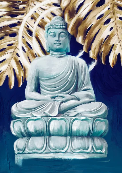 Standbeeld van Boeddha zittend in meditatie met gouden bladeren op een donkere achtergrond — Stockfoto
