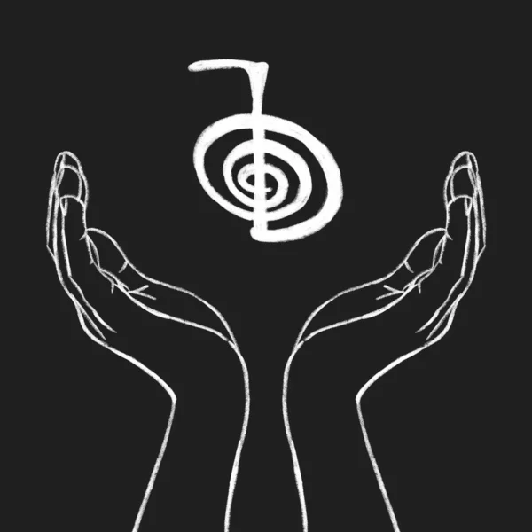 灵气的象征一个神圣的标志Cho Rei 一只手拿着Reiki Cho Rei的签名在黑色背景上 替代药物 异性恋者 — 图库照片#