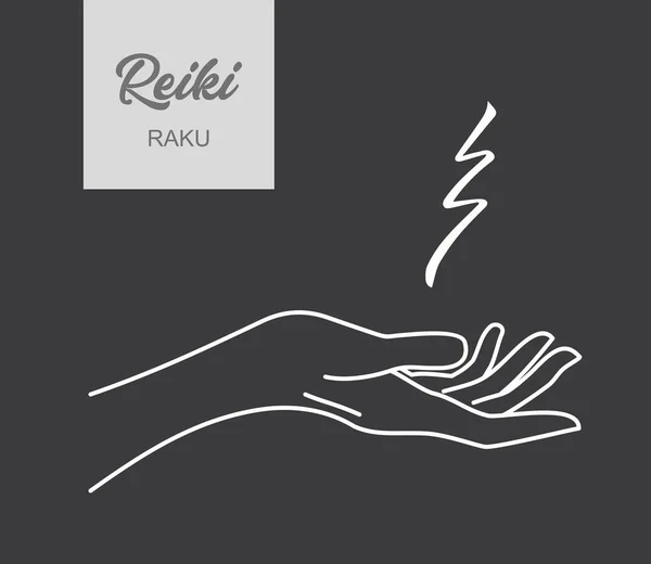Reiki symbol. A sacred sign RAKU. A hand holds Reiki RAKU sign on a black background. — Stock Vector