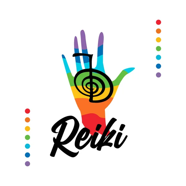 Guarire gli energi del Reiki. Simbolo Reiki. Logotipo pratica spirituale. I colori dei chakra nella mano curativa. Vettore. — Vettoriale Stock