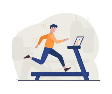 Spor salonundaki simülatörde koşan adam. Kardiyo egzersizleri, fitness egzersizleri. Sağlıklı bir yaşam tarzı. Vektör illüstrasyonu
