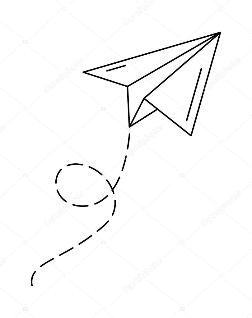 Paper airplane flat icon with dashed trace line.