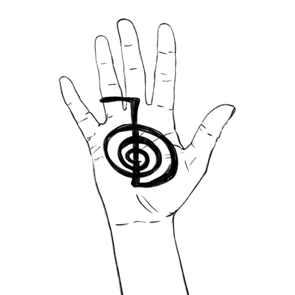 Símbolo Reiki. Un signo sagrado CHO KU REI. Una mano sostiene el signo Reiki CHO KU REI sobre un fondo cósmico. Medicina alternativa. —  Fotos de Stock