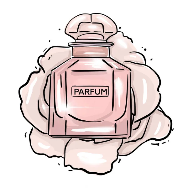 Butelka perfum z różowymi kwiatami na białym tle. — Zdjęcie stockowe