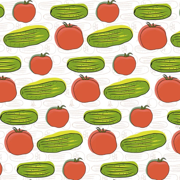 Pepinos frescos en rodajas y tomates patrón sin costura — Vector de stock