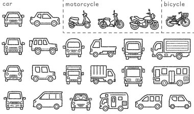 ikon araba, bisiklet ve bisiklet seti - sadece el yazısı tarzı çizim - sınıflandırma versiyonu