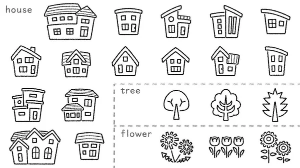 Icono Conjunto Casa Árbol Flor Solo Escritura Mano Línea Estilo — Vector de stock