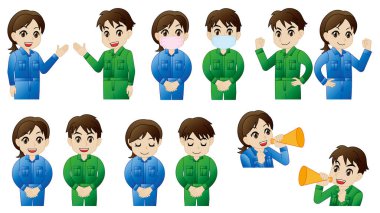 announce set of man and woman in workwear coveralls clipart