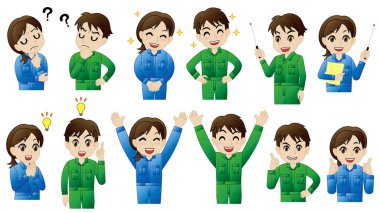 Motion set of man and woman in workwear coveralls