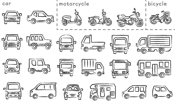 Icono Conjunto Coche Bicicleta Bicicleta Carbón Lápiz Cepillo Versión Clasificación — Vector de stock