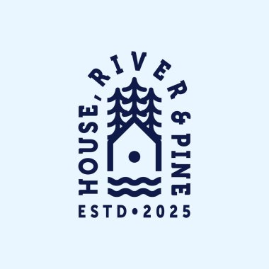 House, River ve Pine Line Art Modern Logo Illustration Design. Basit Modern Minimalist Logo Şablonu Tasarımı. Yaratıcı Ev Logosu İlham Tasarımı