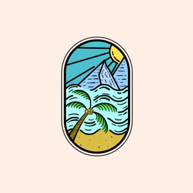 Açık hava Monoline Logo Vektör Çizim Tasarımı. Plaj Peyzaj Çizgisi Sanat Resimleri Rozet Tasarımı. Yaz Manzarası Çizim Logosu Kavramı.