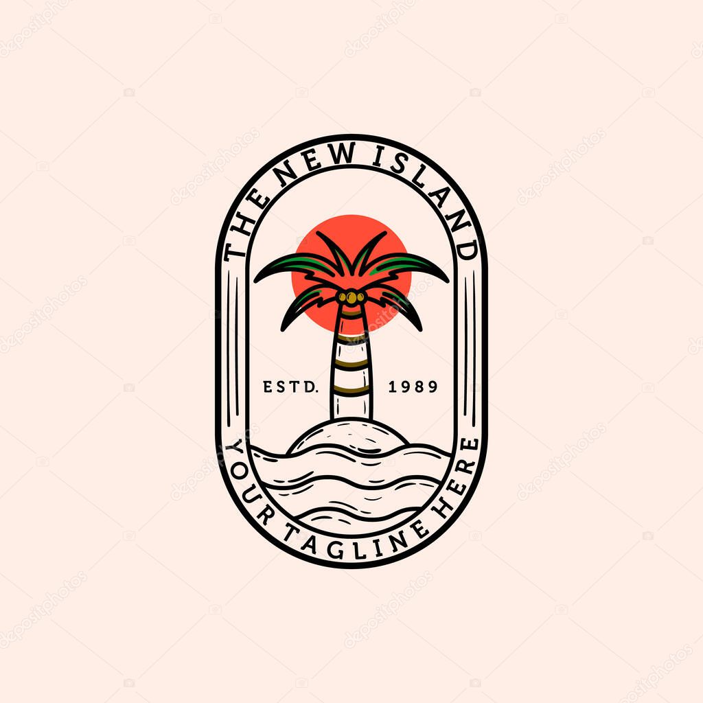 Palm or Coconut Line Art Logo Vector Illustration Design. Vintage Hand Drawn Palm Logo Badge Template Design. Sunset In The Island Logo Concept.