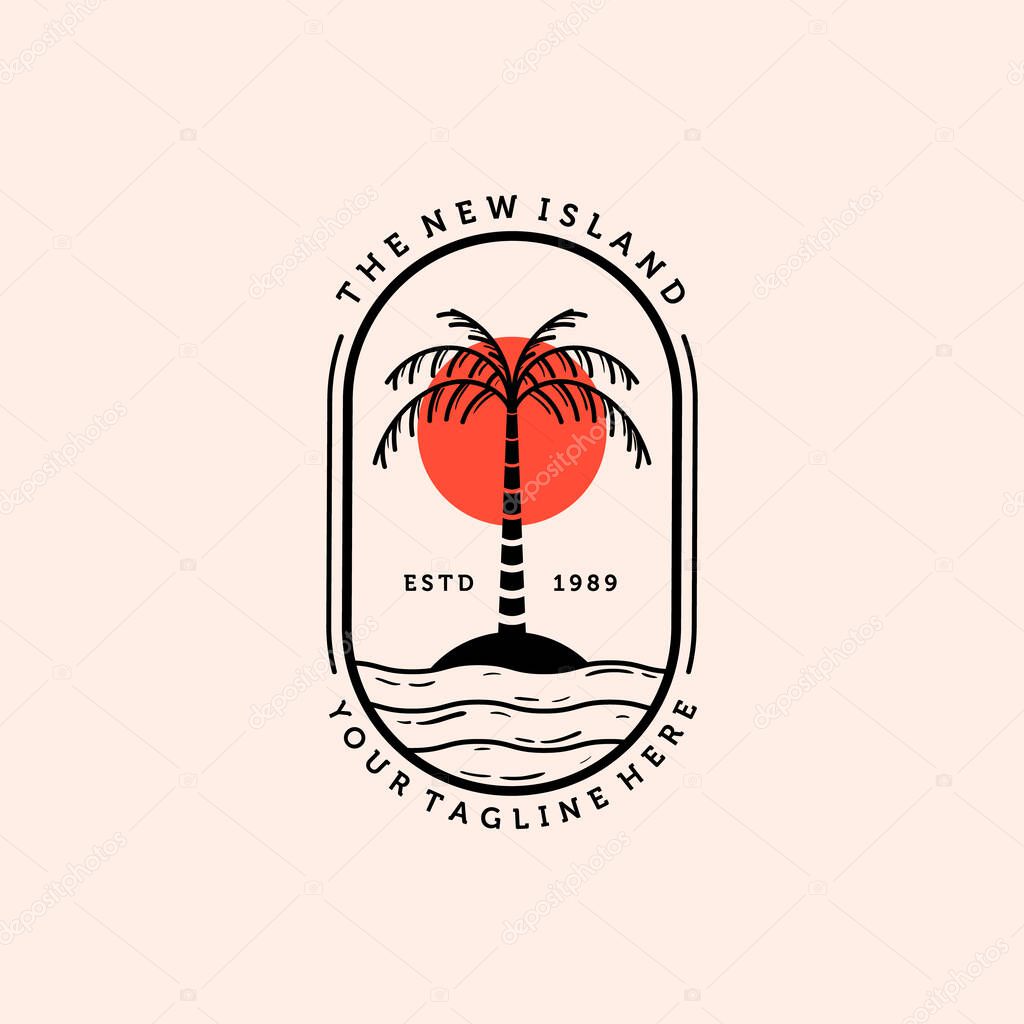 Palm or Coconut Line Art Logo Vector Illustration Design. Vintage Hand Drawn Palm Logo Badge Template Design. Sunset In The Island Logo Concept.