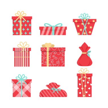 Kırmızı hediyeler düz stile ayarlanmış. Kurdeleli ve ambalaj kağıtlı hediye kutuları. Noel, doğum günü, sevgililer günü için koleksiyon simgeleri. İzole tasarım ögeleri.