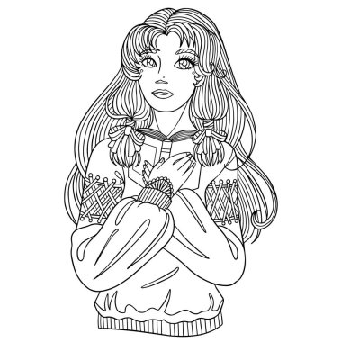 Books lover. Coloring page. Pretty girl with long hair holds a book. Vector outline illustration for coloring book for adults, print, relaxing at home. Manga style. clipart