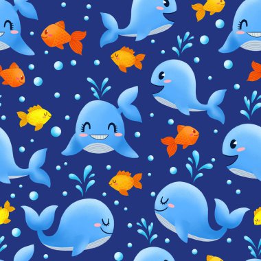 Mavi arka planda balinalar ve balıklarla kusursuz bir desen. Ambalaj kağıdı, tekstil, kumaş, duvar kağıdı için çocukça illüstrasyon.