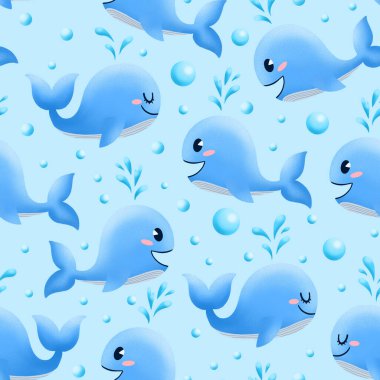 Mavi balinalar pürüzsüz desen. Çocuk odası için çocukça çizimler. Ambalaj kağıdı, tekstil, kumaş, baskı için okyanus tasarımı. Mavi arka planda çizgi film balinaları.