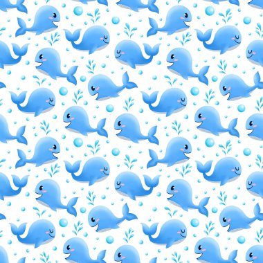 Mavi balinalar pürüzsüz desen. Çocuk odası için çocukça çizimler. Ambalaj kağıdı, tekstil, kumaş, baskı için okyanus tasarımı. Beyaz arka planda çizgi film balinaları.