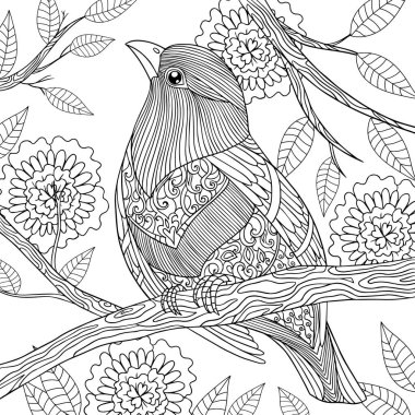 Boyama sayfası küçük kuş çiçeklerle dalda oturuyor. Yetişkinler için boyama kitabı için karalama ve zenkartal elementli vektör illüstrasyonu. Yay kuşu ana hatları grafiği.