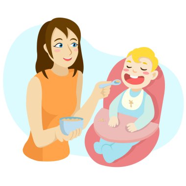 Annem bir bebeği sandalyede besler. Bebekleri beslemenin olumlu çizgi film çizimi. Annelik kahvaltısı konseptin kutlu olsun. Vektör izole edildi.