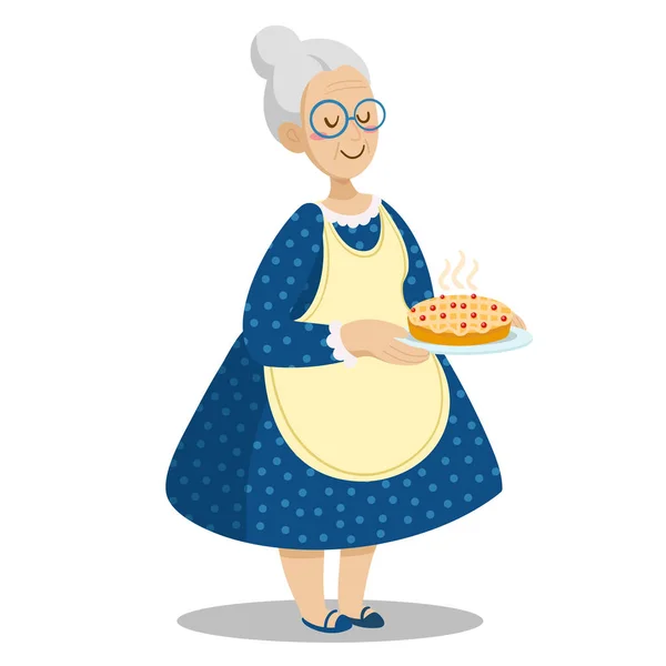 Abuela Con Pastel Casero Abuela Dibujos Animados Con Cocción Sabrosa — Vector de stock