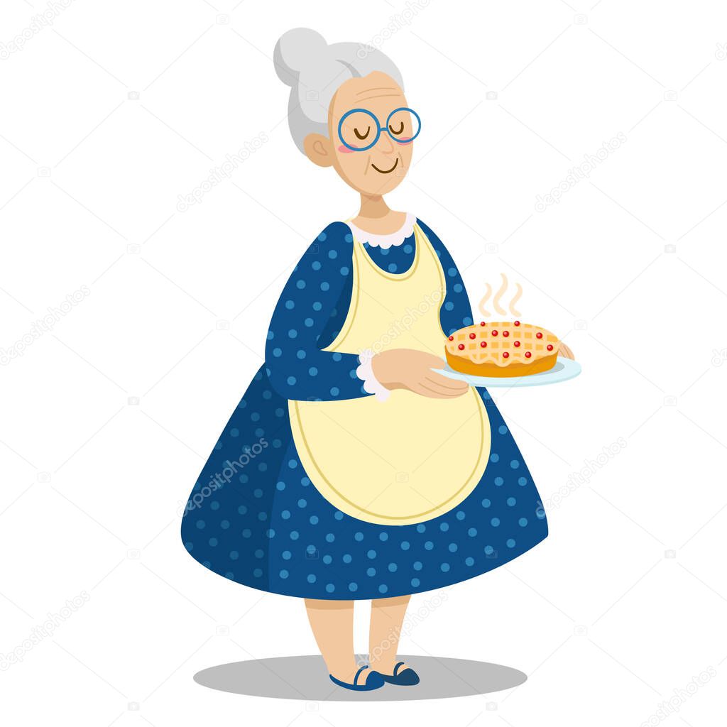 Granny with homemade pie. Cartoon grandmother with tasty baking. Vector isolated illustration of old woman with eyeglasses with dessert.