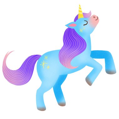 Çocuk Tekboynuz çizimi beyaza izole edilmiş. Sihirli boynuzlu komik midillisi olan çocuksu çizgi film karakteri..