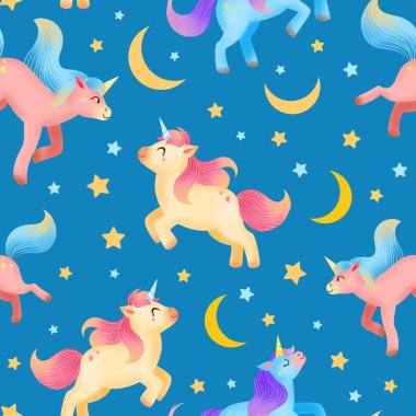 Mavi arka planda tek boynuzlu atlar var. Çocuklar için hoş bir illüstrasyon. Kaplama kağıdı, duvar kağıdı, tekstil, kumaş, baskı için yıldızlı ve aylı fantezi hayvanları.
