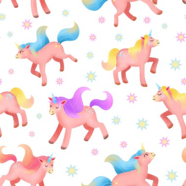 Pembe tek boynuzlu at deseni beyaza izole edilmiş. Çocuklar için hoş bir illüstrasyon. Ambalaj kağıdı, duvar kağıdı, tekstil, kumaş, baskı için fantezi hayvanları.