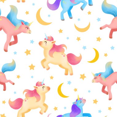 Tek boynuzlu atlar, yıldızlı ve beyazda izole edilmiş ay desenli. Çocuklar için hoş bir illüstrasyon. Ambalaj kağıdı, duvar kağıdı, tekstil, kumaş, baskı için fantezi hayvanları.