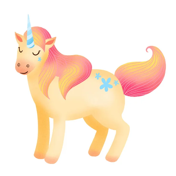 Funny Unicorn illustration isolated on white. Childish cartoon character with cute pony with magical horn.