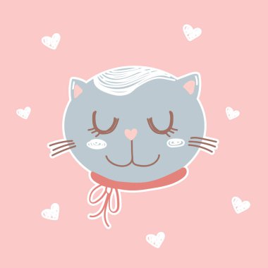 Sevgililer Günü tasarımı için komik kedi surat vektör ikonu. Tebrik kartı, etiket, poster için düz bir resim.