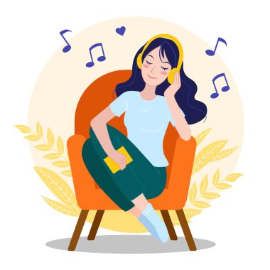 Kız kulaklıkla müzik dinler ve koltuğa oturur. Kadınlar evdeki seslerden hoşlanırlar. Rahatlama, eğlence ve müzikle ilgili düz bir illüstrasyon. İzole edilmiş halde evde kal..