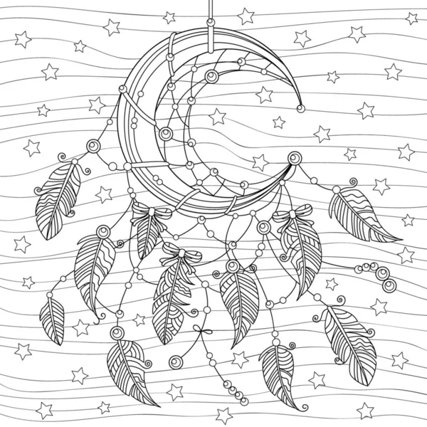 Луна Ловец Снов Перьями Звездном Небе Ловец Ювелирными Украшениями Угловатыми — стоковый вектор